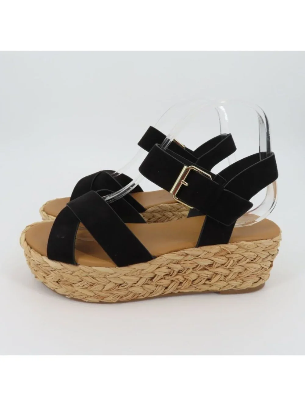 Qupid Women 9 Black Synthetic Strappy Woven Raffia Platform Wedge Sandals Shoes